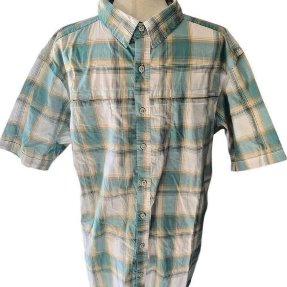 Columbia Button Down Shirt Mens Large Short Sleeve Teal Plaid Regular Fit Casual - Picture 1 of 9